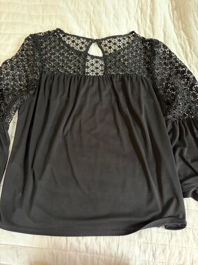 White House Black Market Black Crochet Yoke Long Sleeve Blouse